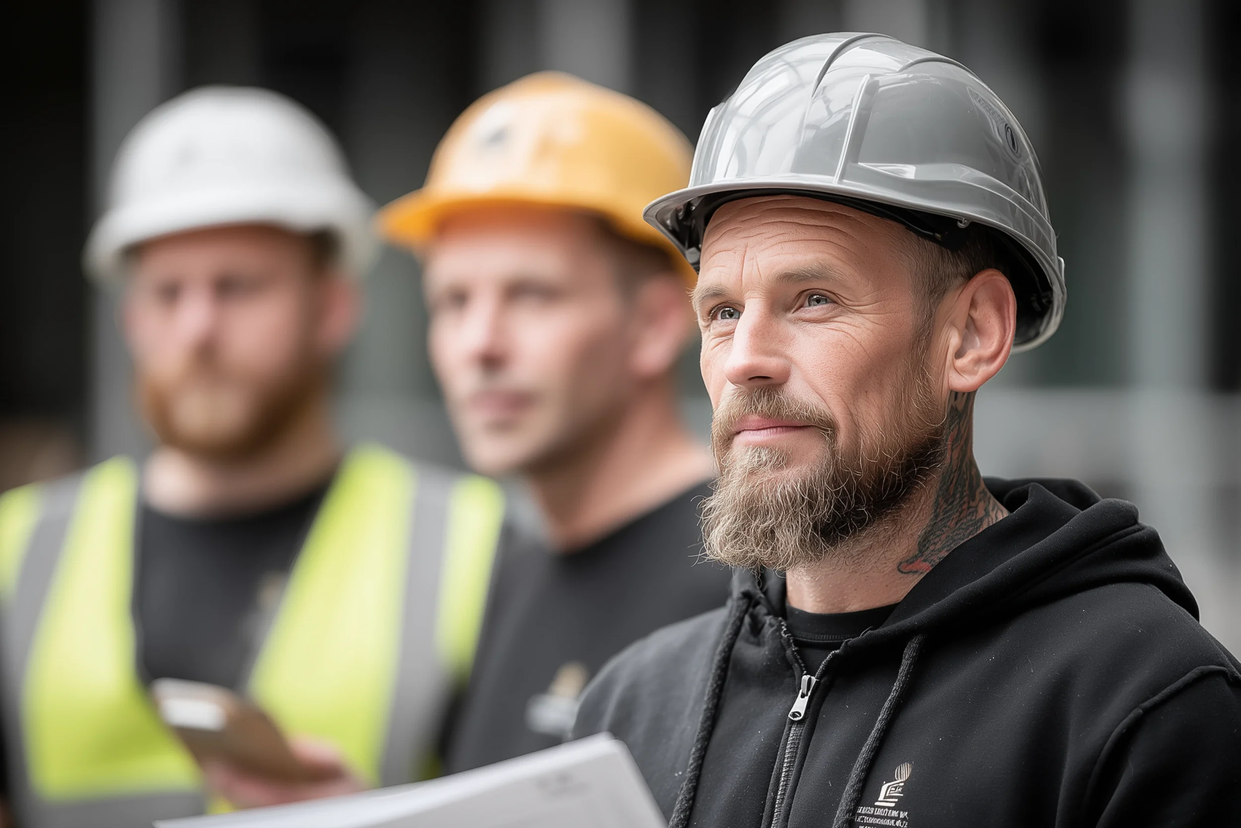 Construction worker wearing a safety helmet, standing on-site and looking confident while holding documents.