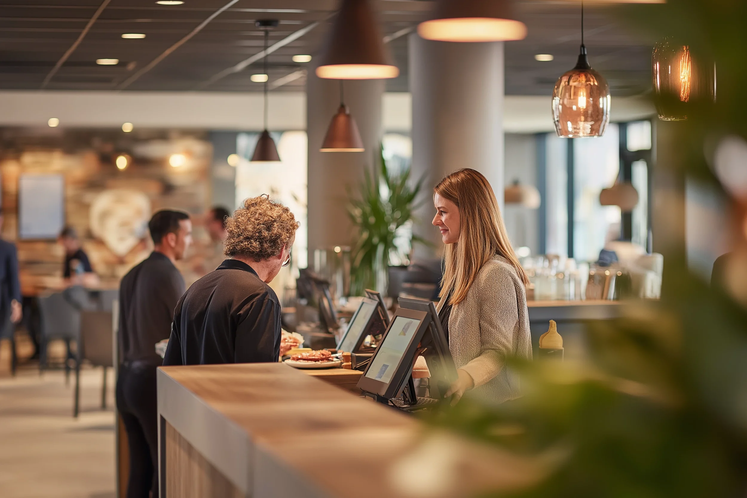 Hotel receptionist warmly assisting a guest at a modern reception desk.