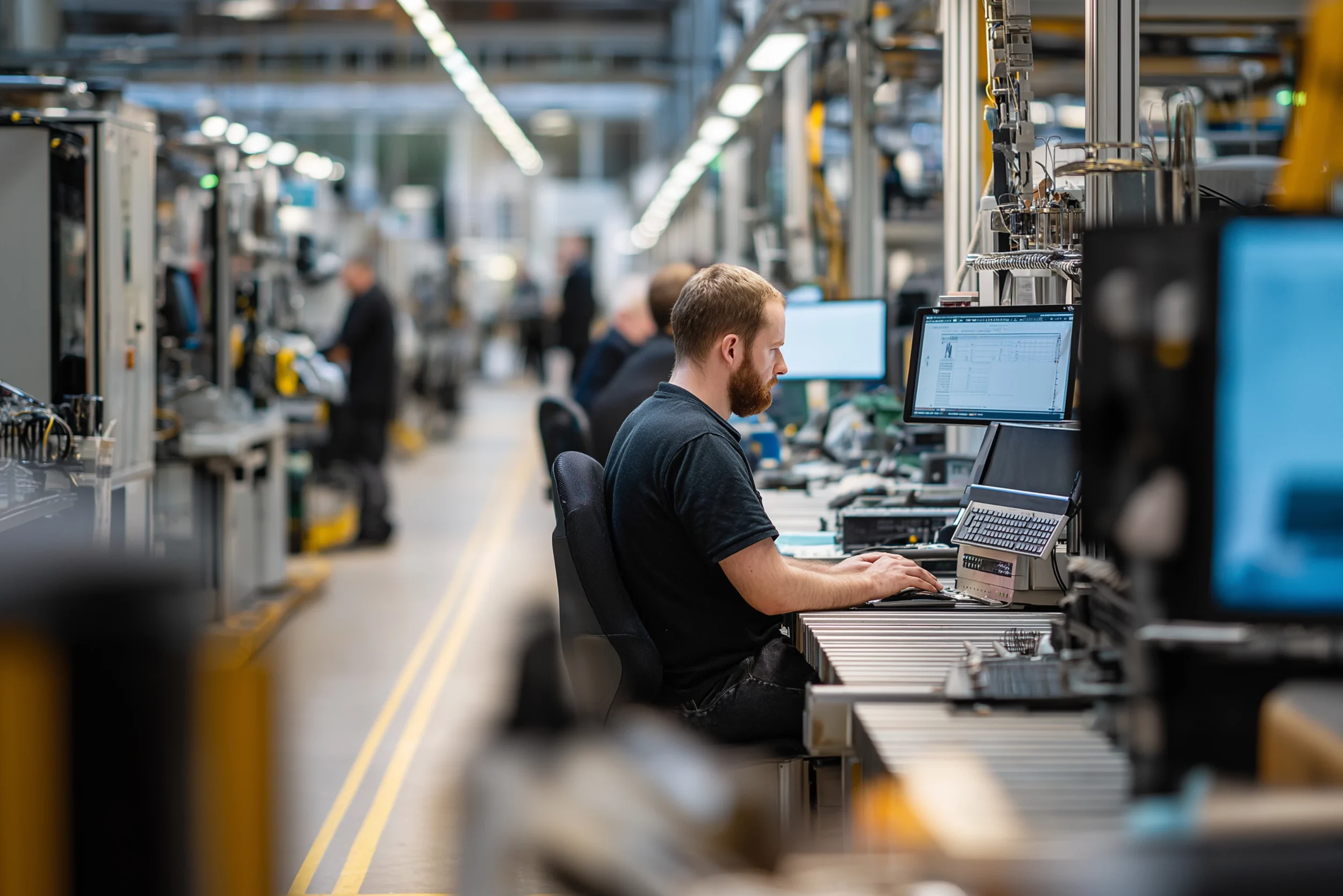 Engineer working at a workstation inside a large, modern manufacturing facility.