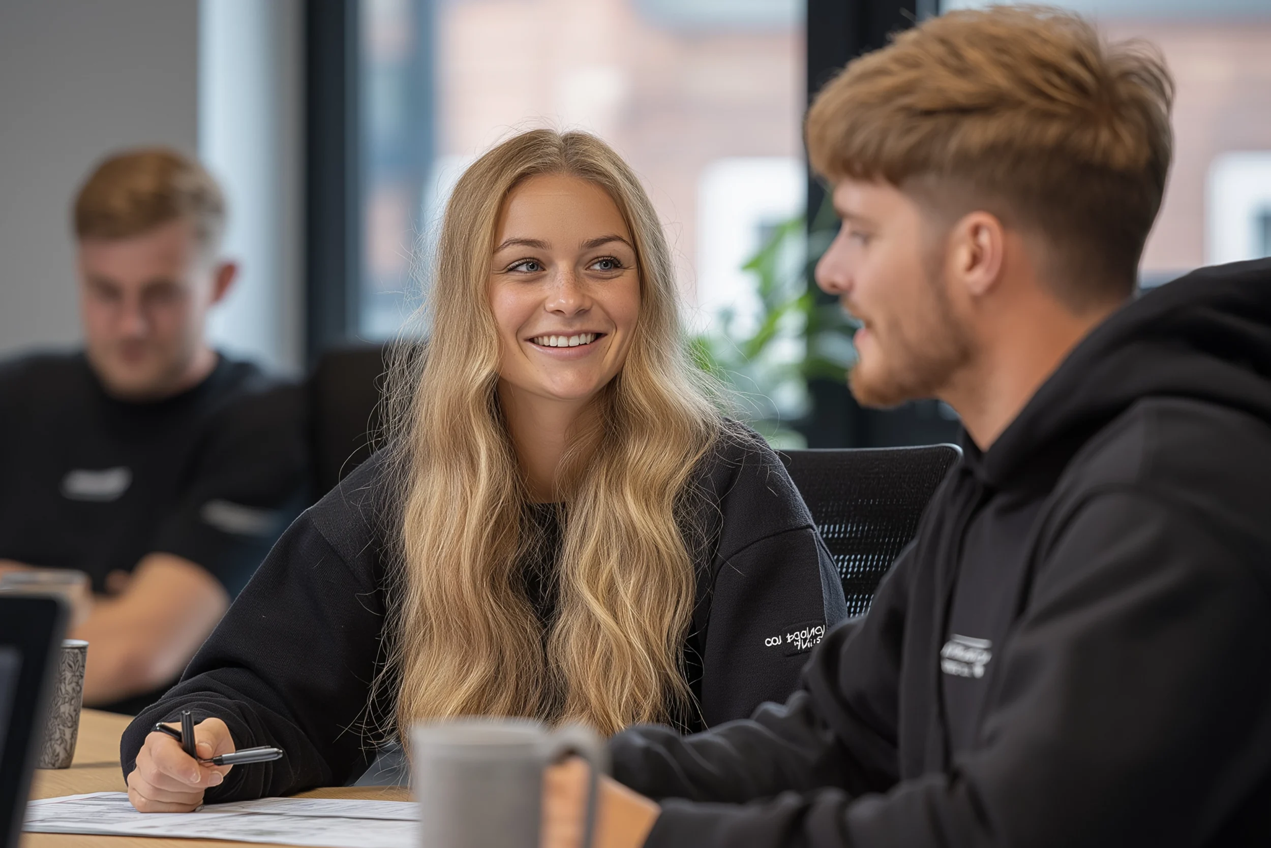 Two young creative professionals chatting and smiling in a modern office environment.