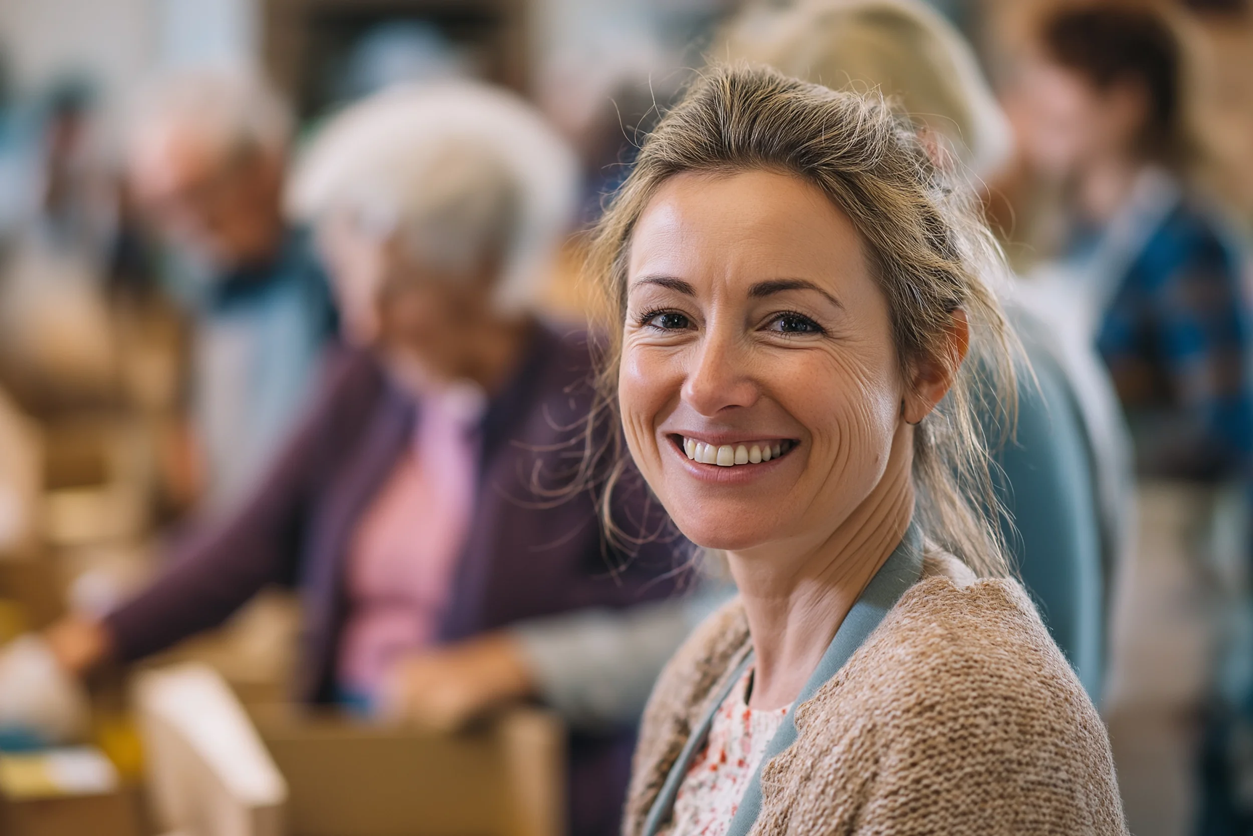 Smiling volunteer in a community centre with people working in the background.