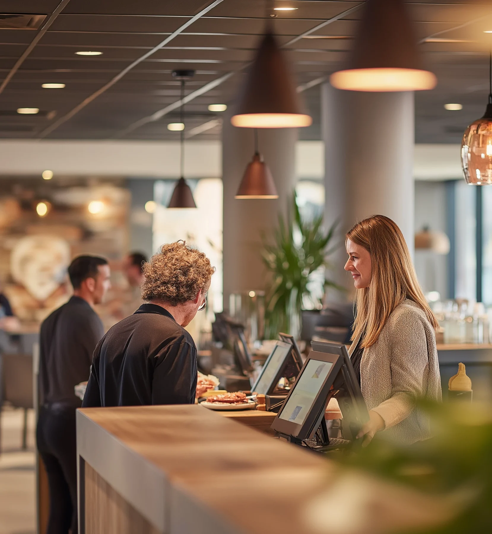 Hotel receptionist warmly assisting a guest at a modern reception desk.