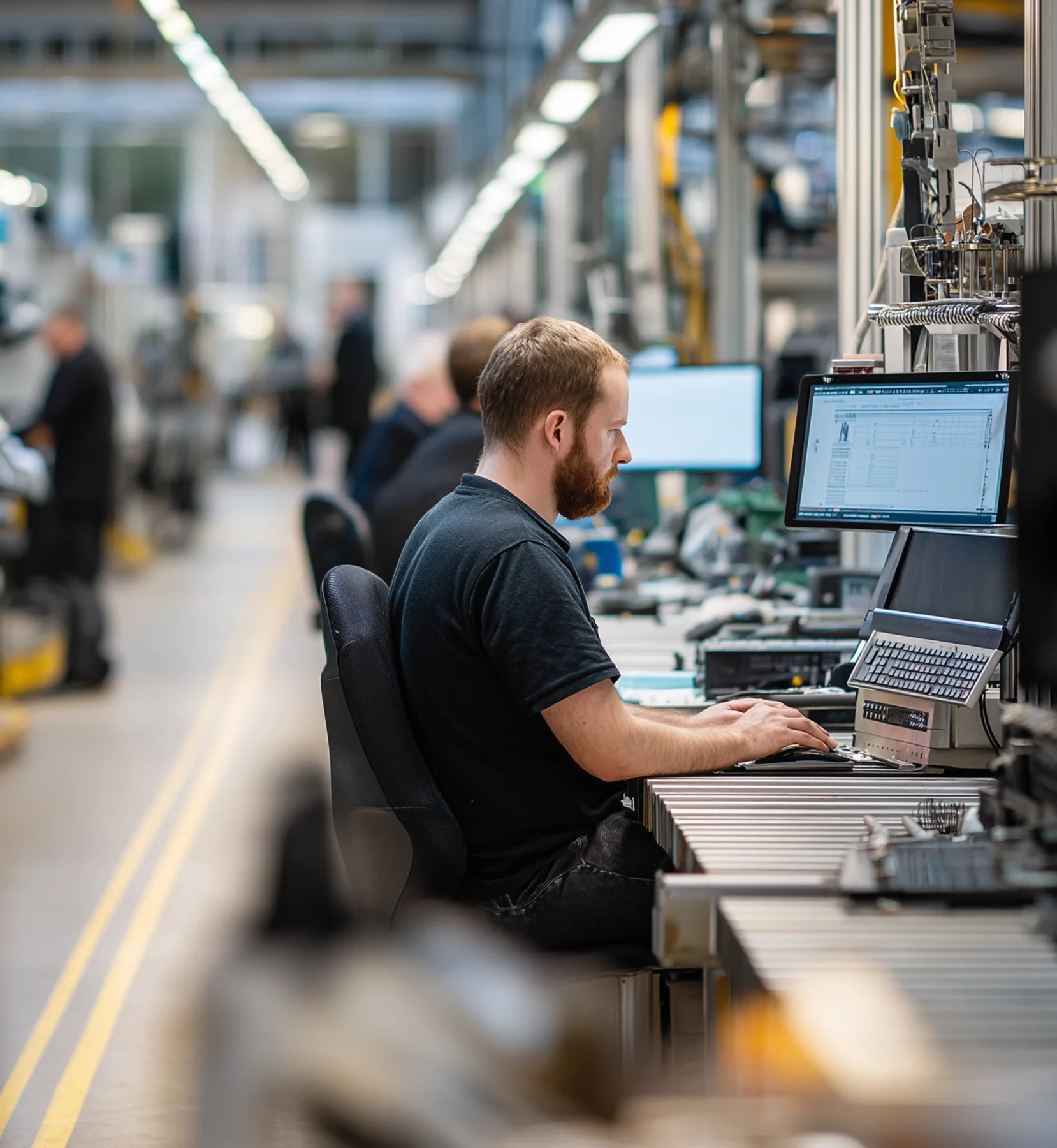 Engineer working at a workstation inside a large, modern manufacturing facility.